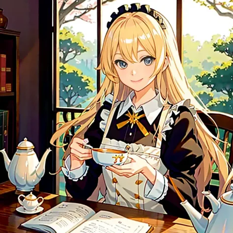 Anime girl sitting at a table with a teapot and a book, Cunning smile, [[[[grinning evily]]]], a maid in a magical forest, blonde anime girl with long hair, beautiful character painting, a serene smile, Beautiful Anime Portrait, anime girls in maid costume...