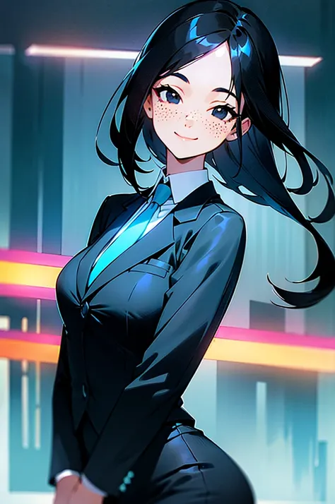 black hair, (hair tucked behind ear), forehead, ((long side bangs)), medium length hair, light freckles, woman, ((black eyes)), suit and tie, neon blue city, smiling