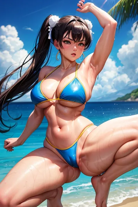 chunli, athletic body, thick thighs, blue bikini, wet skin, oiled skin, sexy pose, kicking pose, nsfw