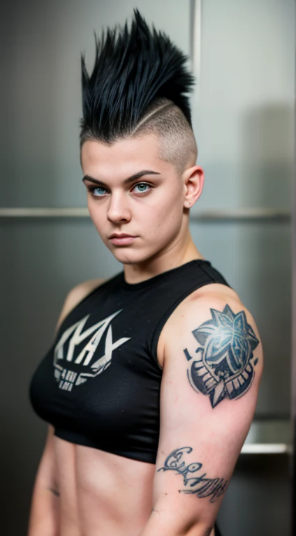 White young woman , tomboy , Punk tattoos, 18 years old, mohawk haircut, black hair, blue eyes fixed, intense gaze, affiliated features, no facial hair, height 1.83, weight 88 kg , muscular build, broad shoulders, V-shaped body, full body focus, completely...