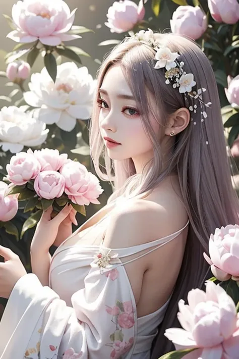 Lots of white and pink peonies、A beautiful flower fairy surrounded by peonies、silber hair、Purple eyes、White kimono、Flowers and bodies emit light、A Japanese style、softfocus