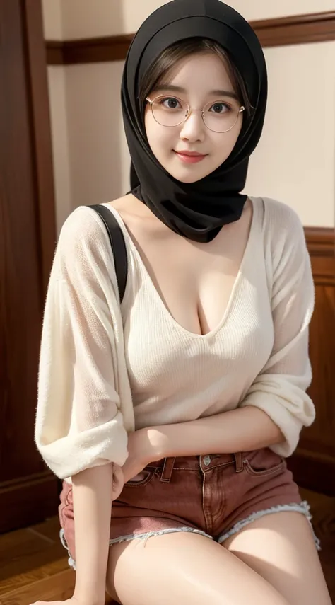 iu:0.8).cleavage, RAW, Best quality, high resolution, Masterpiece: 1.3, Beautiful glasses hijabi java girl wearing shorts and sportra, Masterpiece, Soft smile