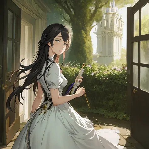 Anime girl in white dress standing in front of doorway, cushart krenz key art feminine, Detailed key anime art, high detailed Official artwork, epic light novel art cover, a maid in a magical forest, anime key visual of elegant, Anime visuals of cute girls...