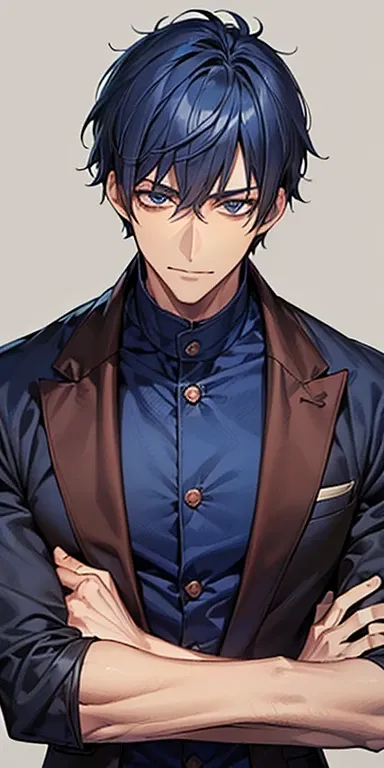 ((masutepiece)), ((Best Quality)), ((Brown skin)), ((Dark blue eyes)), ((Dark blue hair))、Handsome man , ((Very short hair、no bangor head)), masculine、tall、A sexy、 man、Sanpaku eyes、Smirk、Suits、handsome man、Shigeru Koura、Firmly、well-muscled、broad shoulders