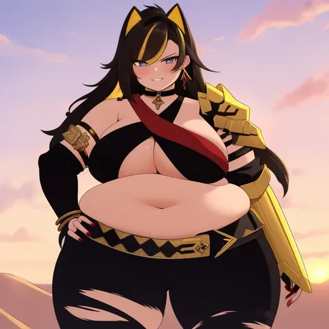 ((masterpiece)), (best quality:1.7), (detailed:1.4), (high res:1.4), 8k, (colorful:1.5), 2d, high resolution, sharped image, 4k, hd, obese dehya_genshin, obese 1girl, (((solo))), black hair, long hair, blue eyes, smile, obese middle body, big breasts, blon...