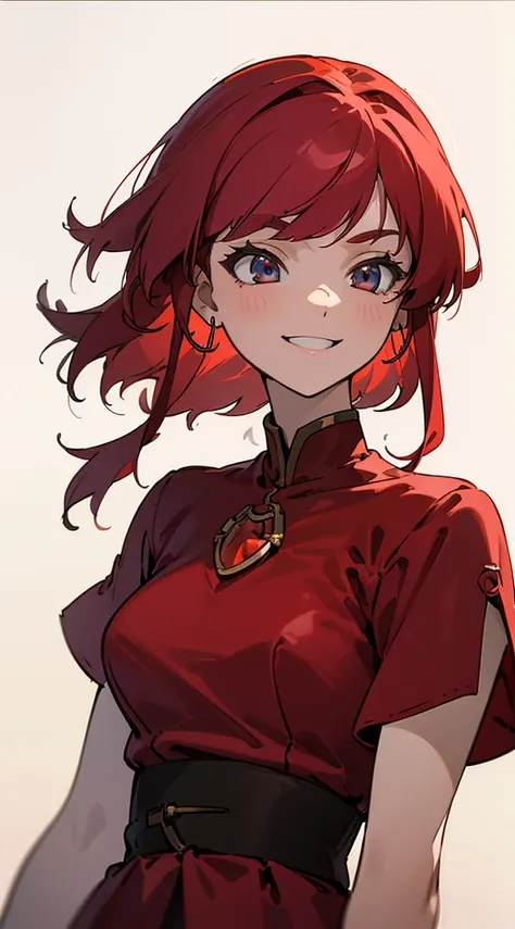 (masterpiece: 1.2, best quality), (1 lady, solo, upper body: 1.2), ,A woman in a red dress, red hair, long haircut, hoop earrings, beautiful smile ((CEL SHADING)).