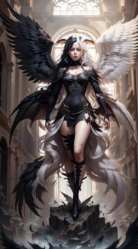 (master-piece:1.3),(bestquality:1.2),10,Absurd,unity wallpaper 10,(Very detailed:1.3),highest, (Mr. Nale), ((Separate theme)), long-haired, Heterochromia, (White Hair,Black Hair), (angel,Demons), (White wings,black wings)