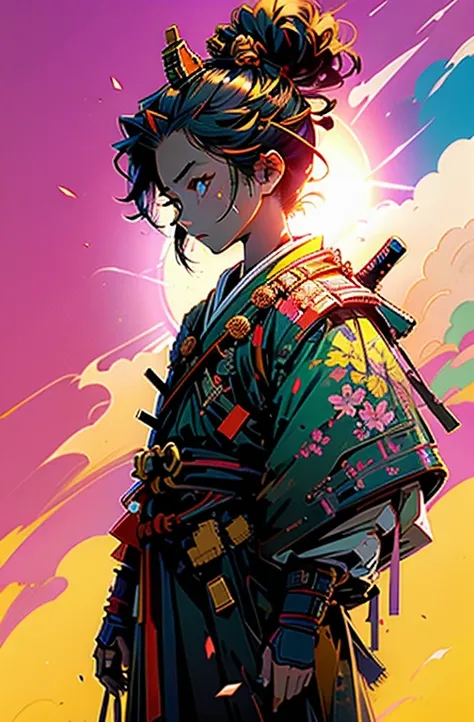 a samurai kid with floral background, sundown (golden sun)