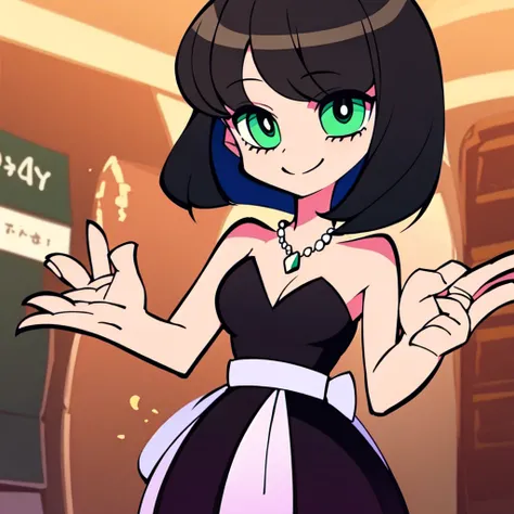 1 girl, solo, A Powerpuff Girl named Buttercup, short black hair, bob cut, medium hair, green eyes, in a little black dress, short strapless black dress, a longer body, all grown up, a teenager style, with a pearl necklace, bare shoulders, and being so bea...