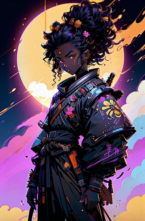 a black samurai kid with black power hair with floral background, sundown (golden sun)