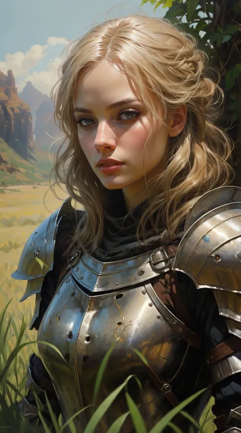 breathtaking oil painting, medieval fantasy, mature knight, commander woman, armored woman, blonde hair, high detail armor, grass field background, cinematic shot, dynamic lighting, 75mm, Technicolor, Panavision, cinemascope, sharp focus, fine details, 8k,...