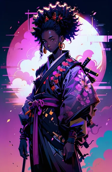 a young black boy samurai with afro hair, floral background, full moon (golden moon)