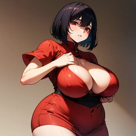 (((I want a woman, with short black hair, red eyes and fair skin, wearing a beautiful red dress while putting her hands on her waist, voluminous body and big breast)))