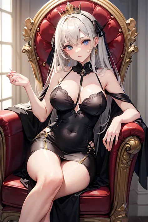 queen, beauty, voluptuous, crossed legs, sexy dress, throne, haughty look