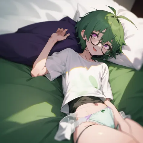 Shota boy,green hair,short hair,wearing a black circle glasses,two green antenna,purple eyes,cute,white skin,wearing a oversize shirt,wearing a panties,lying on the bed,sleep,smiling,saliva