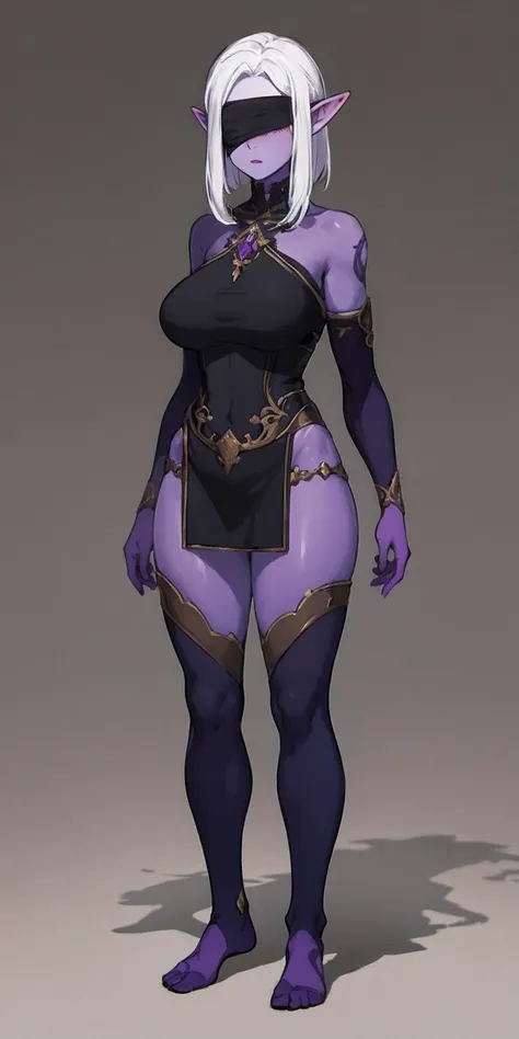 Masterpiece, standing straight symmetrical, full body female drow elf slave wearing an adventurer outfit, black blindfolded, (very purple skin)