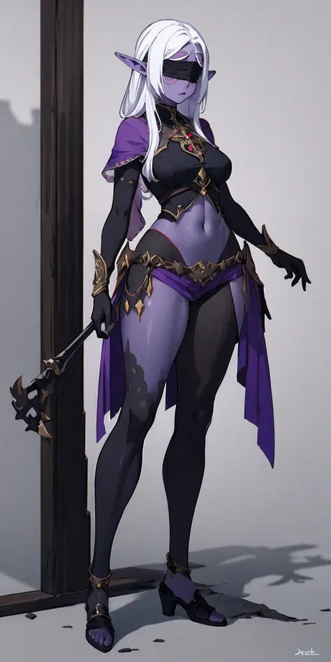 Masterpiece, standing straight symmetrical, full body female drow elf slave wearing an adventurer outfit, black blindfolded, (very purple skin)