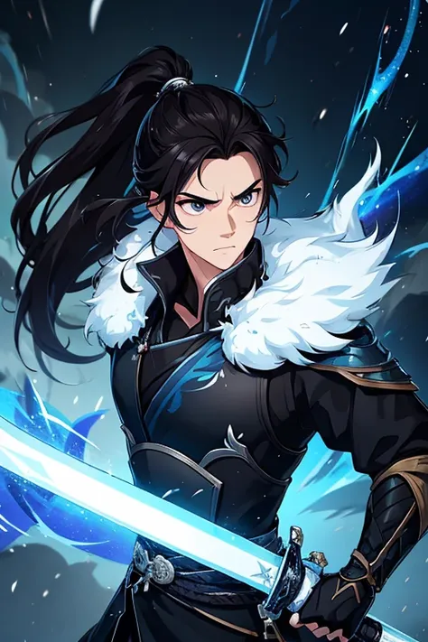 (Best quality,A high resolution,The image is clear，storming，:1.2),a handsome，the only person，Ultra detailed backgrounds,Beautiful teenager standing holding sword，black chinese style clothes，high ponytails，natta，Black colored eyes，storming天气，black fog，，Dutc...