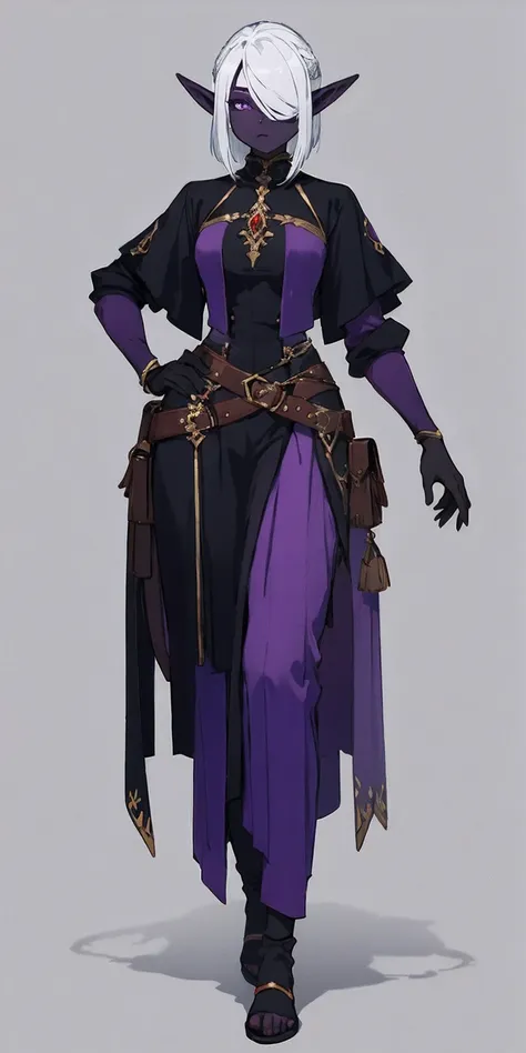 masterpiece, standing straight symmetrical, full body female drow elf slave wearing an adventurer outfit, black blindfolded, (ve...