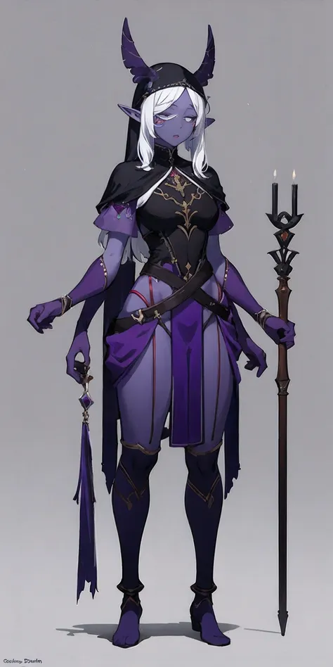 Masterpiece, standing straight symmetrical, full body female drow elf slave wearing an adventurer outfit, black blindfolded, (very purple skin)