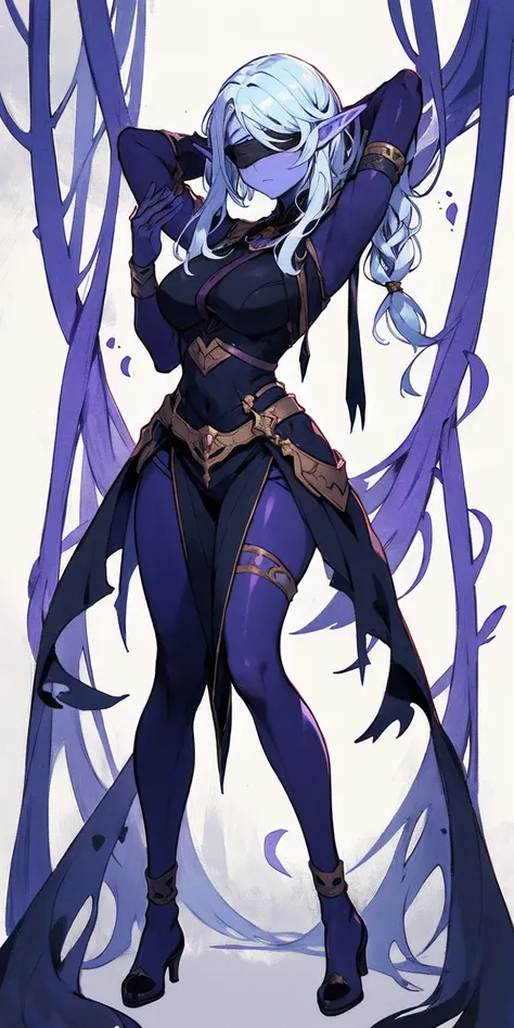 Masterpiece, standing straight symmetrical, full body female drow elf slave wearing an adventurer outfit, black blindfolded, (very purple skin)