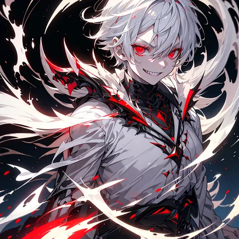 a boy, white hair, red eyes, evil smile, sharp teeth, arrogant expression, 8k quality, dark effect, glow effect