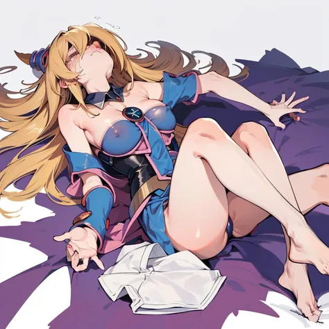 solo, (exposed white underwear, torn clothes:1.2), nipples, tottering, Yu-Gi-Oh!,dark magician girl,big breasts,leotard,whole body,thigh,cute Face, blonde hair, from side, (rolling eyes, sobbing:1.3), headback, look another, laying down, corpse