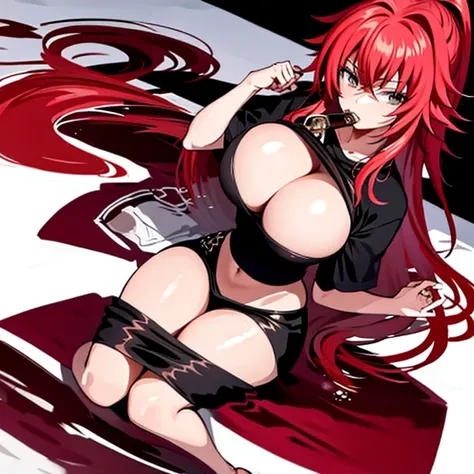 1girl, Rias Gremory, large breasts, clothes in mouth, cleavage, navel, t-shirt, ((no bra)),clothes lift, shirt in mouth, skirt, lying, full Body,,sitting