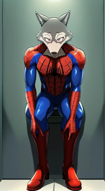 solo, wolf, male, legoshi_(lora), grey fur, black eye, grey hand, hi res, soft shading, ( detailed fur 1.1 ), (worried expression), ( solo 1.1) (detailed), (masterpiece: 1.1), ( full body head to toe show), , wearing a spider-man costume, black spider logo...