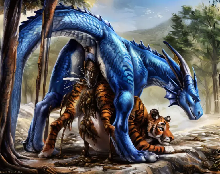 ((((photorealistic feral tigger with blue dragon)))), ((((feral, duo, anal, stomach bulge)))), ((((excessive feces, cum splatter...