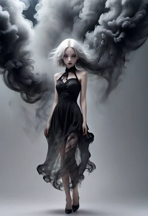 bail_darkness，girl made of black smoke，silber hair, 1girl in，