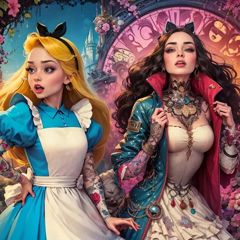 Two cartoon characters in costume and holding hands, Alice im Wunderland cyberpunk, J. Scott Campbell, J Scott Campbell, Alice im Wunderland style, Martin dann, Alice im Wunderland, Disney-Kunst style, Jen bartel, Alice im Wunderland, Kunst im Stil von Dis...