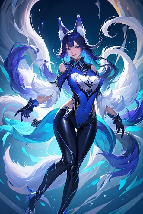 arcana ahri skin, 1girl, solo, long hair, breasts, looking at viewer, smile, gloves, animal ears, tail, fox ears, bodysuit, fox ...