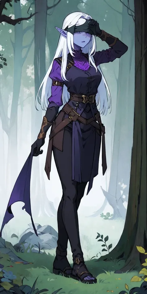 Masterpiece, standing straight symmetrical, full body female drow elf slave wearing an adventurer outfit, black blindfolded, (very purple skin)