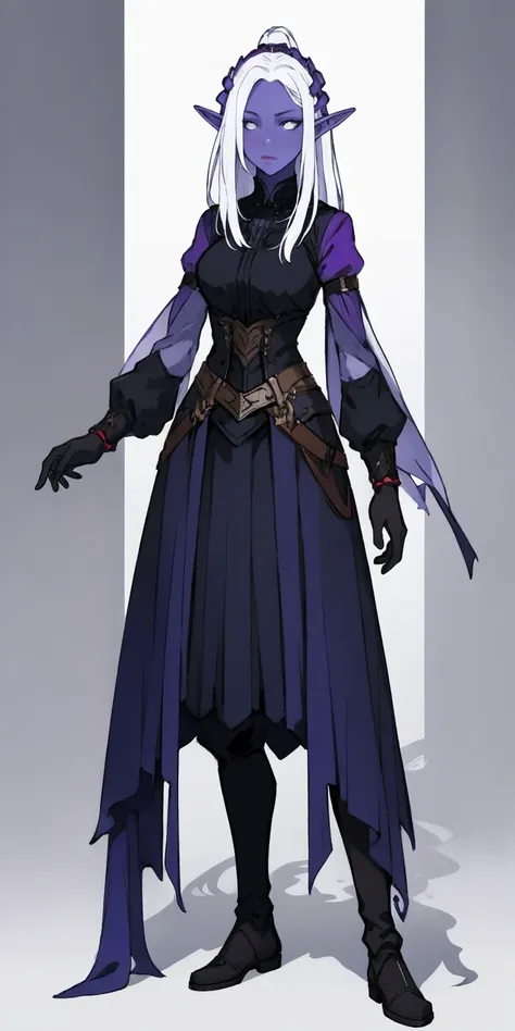 masterpiece, standing straight symmetrical, full body female drow elf slave wearing an adventurer outfit, black blindfolded, (ve...