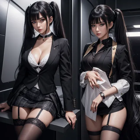 A highly detailed professional and ultra-realistic 8k CG masterpiece featuring an expressionless stewardess wearing formal clothes, thigh highs and high heels, with asymmetrical bangs and long hair in twintails. She has a seductive aura, cleavage, eyeliner...