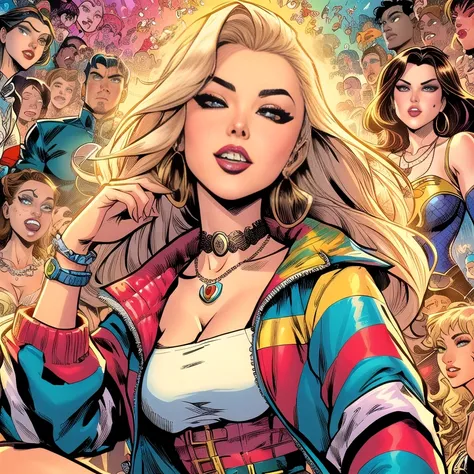 A woman in a colorful jacket and a necklace stands in front of a crowd of girls, Rossdraws Karikatur lebendig, Comic-Cover, Zenescope, Lois van Baarle und Rossdraws, artgerm bunt!!!, farbenfroher Comic-Stil, vivid farbenfroher Comic-Stil, Harley Queen, Des...