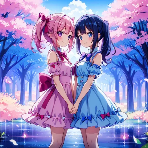 2 girls、standing holding hands、a smile、pink girls、blue girl、Transparency、2 girls、bow ribbon、pink girls、blue girl、standing holding hands、a smile、a park、half up、Twin-tailed、Transparency、Three-dimensional