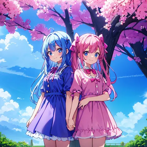 2 girls、standing holding hands、a smile、pink girls、blue girl、Transparency、2 girls、bow ribbon、pink girls、blue girl、standing holding hands、a smile、a park、half up、Twin-tailed、Transparency、Three-dimensional