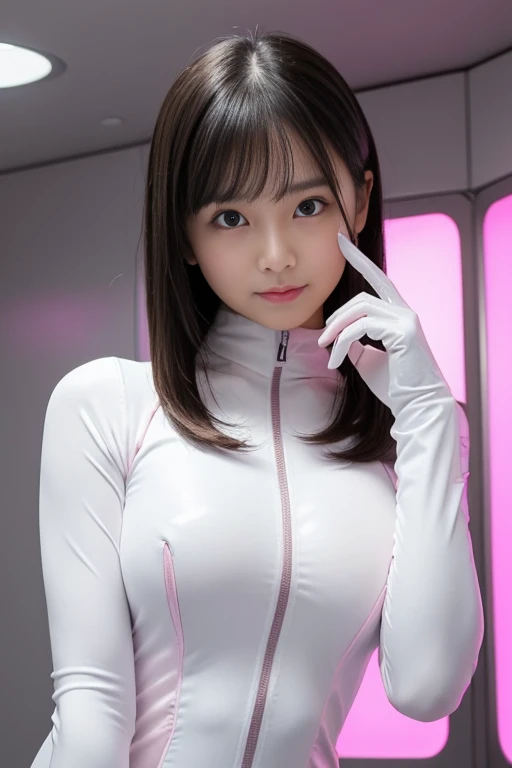 (Place your index finger on your chin, bend the index finger, Shiny rubber suit, gazing at viewer, Leaning forward, 1 girl, Looking at Viewer, from the front side, facing straight at viewer, white clothes, pink line in the clothes, White Gloves, futuristic...