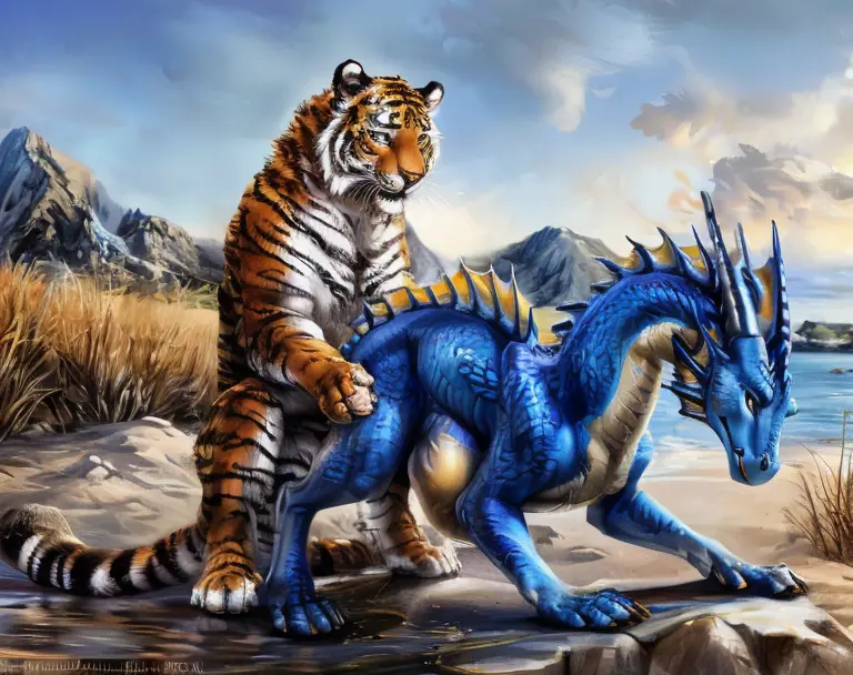 ((((photorealistic feral tiger with blue dragon)))), ((((feral, duo, anal, stomach bulge)))), ((((excessive uine, urine splatter...