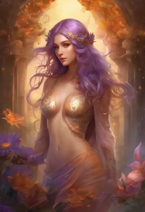 ((Best quality)), ((Ultra Resolution)), ((photorealistic)), (Intricate details), 19 years old, long purple hair, Perfect face, makeup: 1.5, Light on the face, Detail of the face , ((full body nude)), ((big breasts)) ((sculptural body)) ((translucent linger...