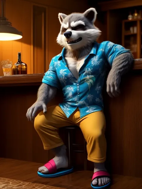 rocket racoon, mcu style, full figure, in a hawaiian shirt and long pants, wears flip-flops, drinks whiskey, drunk, sleepy, dark...