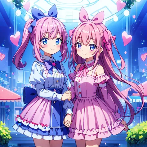 2 girls、standing holding hands、a smile、pink clothes、blue clothes、Transparency、2 girls、bow ribbon、pink girls、blue girl、standing holding hands、a smile、a park、half up、Twin-tailed、Transparency、Three-dimensional、fluffly、long-sleeve、A dark-haired