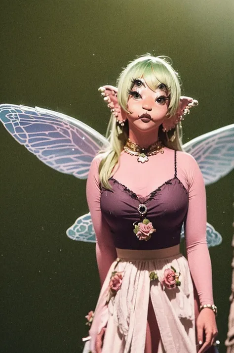 y2k magazine style photography, whimsical fairy with delicate wings and green hair, pink skin, four eyes, creature-222