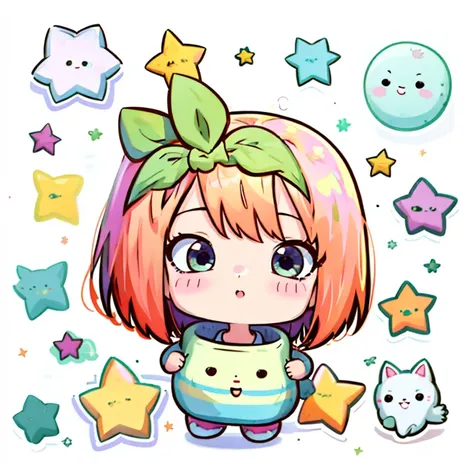 1 sticker, sticker, (cute) , stars, white background, no background,  background, minimal, cute, tiny, pastel color, vector style, no gradient, simple stickers, yotsuba nakano head, yotsuba nakano stickers