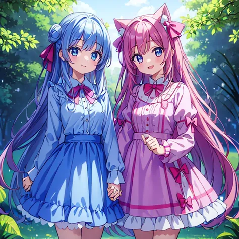 2 girls、standing holding hands、a smile、pink clothes、blue clothes、Transparency、2 girls、bow ribbon、standing holding hands、a smile、a park、half up、Twin-tailed、Transparency、Three-dimensional、fluffly、long-sleeve、A dark-haired、optic