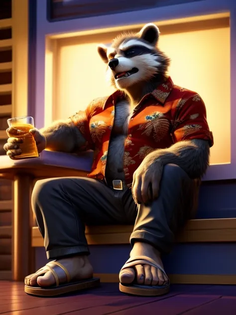 rocket racoon, mcu style, full figure, in a hawaiian shirt and long pants, detailed paws, wearing flip flops, drinks whiskey, dr...