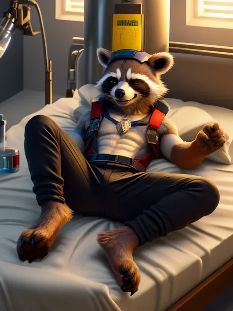 sleepy Rocket Racoon, lying on a bed in a laboratory with his legs spread, sedated with sedation from a drip, closed eyes, a distinctly sleepy look on his face barefoot, detailed nice big paws with short claws, strapped to the bed by his head, chest, wrist...