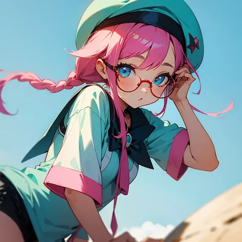 girl with wispy side bangs and low braided pigtail pink hair and a turquoise beret hat. She has light blue eyes, full with curiosity. red glasses. fair skin.